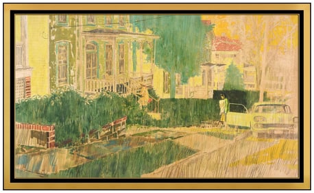 Joe Bowler Signed Ink Gouache Cityscape Landscape Painting Framed Art