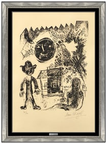 Marc Chagall Signed La Lune Noir Lithograph Portrait Landscape Art