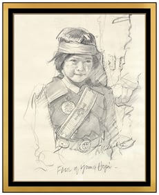 R.S. Riddick Signed Graphite Child Portrait Drawing Framed Art