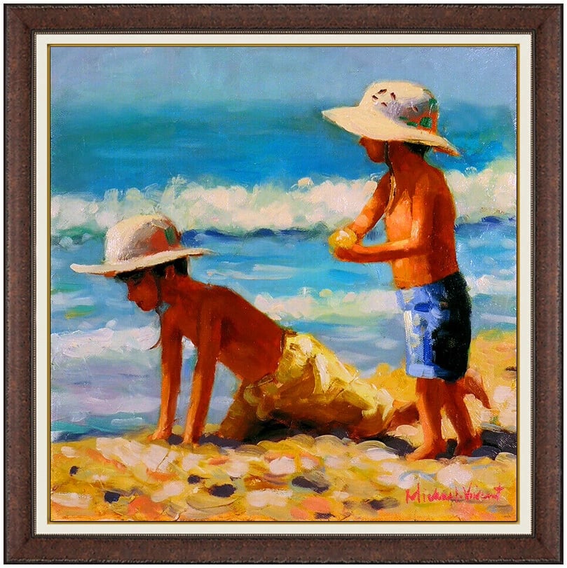 Michael Vincent Signed Oil Children Boys Seascape Painting on Canvas (1 of 4)