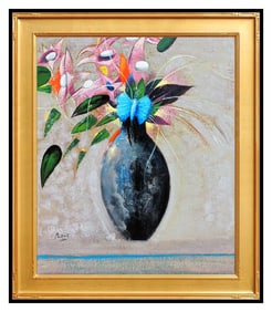 Peter Paone Signed Acrylic Surreal Flowers Still Life Painting on Board