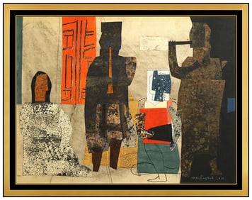 Max Papart Signed Gouache Collage Figurative Painting Framed Art