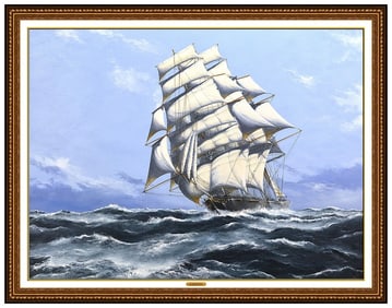 John Bentham Dinsdale Signed Large Oil Sailboat Ship Painting on Canvas Art