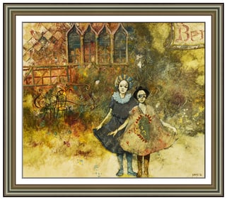 Giuseppe Giorgi Signed Large Oil Children Portrait Painting on Canvas Framed