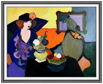 Itzchak Tarkay Signed Large Acrylic Cafe Female Portrait Painting on Canvas