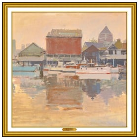 Ken Howard Signed Oil Nautical Landscape Boats Painting on Canvas Framed