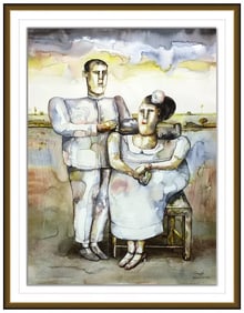 Ender Cepeda Signed Large Gouache Watercolor Painting Framed Art