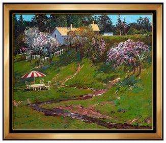 Ming Feng Signed Oil Landscape Floral Painting on Canvas Framed Art