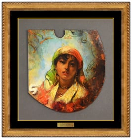 Leon Herbo Signed Large Oil Female Portrait Painting on Board Framed Art