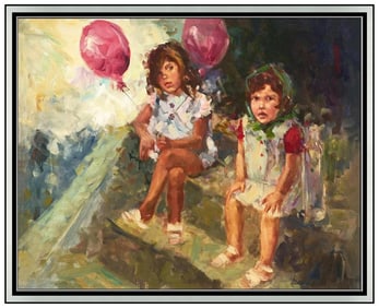 Louis Van Der Beesen Signed Large Oil Child Painting on Canvas Framed Art