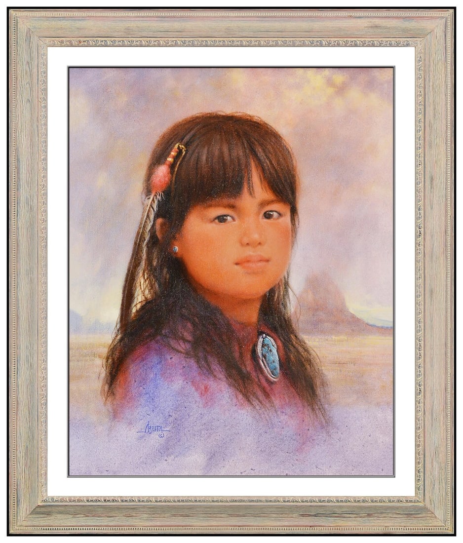 Jim Abeita Signed Oil Native American Child Portrait Painting on Canvas Art: This lot includes:Gallery COA & free domestic shipping (*insurance and international shipping for an additional charge)Artist: Jim Abeita Title: Little Navajo GirlMedium: oil painting on canvasSize: 2