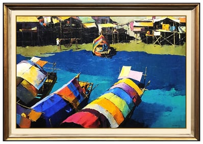 Wai Ming Signed Large Oil Water Harbor Painting on Canvas Framed Art