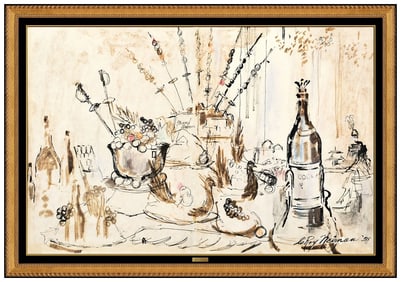 Leroy Neiman Signed Watercolor Bar Restaurant Painting Framed Art