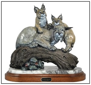 Robert Ball Signed Large Parent Hood Bronze Lynx Sculpture Wildlife Art