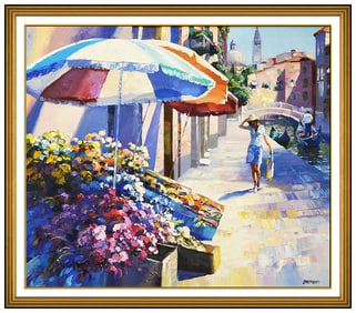 Howard Behrens Signed Large Oil Venice Cityscape Painting on Canvas Art