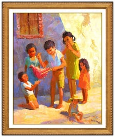 Betty Warren Signed Oil Children Portrait Painting on Canvas Framed Art