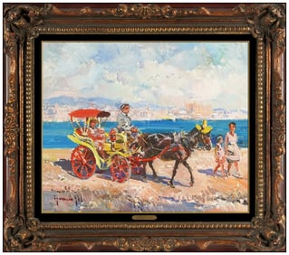 Ignacio Gil Y Sala Signed Oil Beach Landscape Painting on Canvas Framed Art