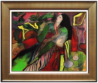 Linda Le Kinff Signed Oil Portrait Modern Cubism Painting on Board Art