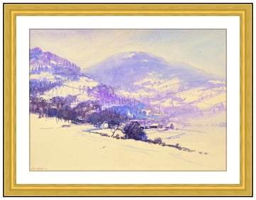 John Whorf Signed Watercolor Winter Landscape Painting Framed Art
