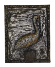 Geoffrey C Smith Signed Wildlife Bronze Relief Pelican Sculpture Art