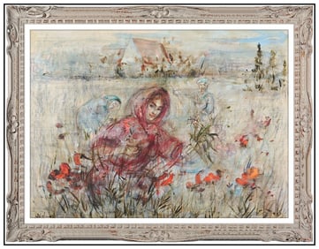 Edna Hibel Signed Oil Female Portrait Painting on Board Framed Art