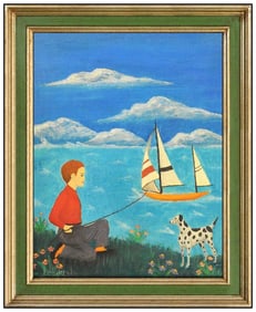 Lawrence Lebduska Signed Oil Landscape Animal Painting on Board Art