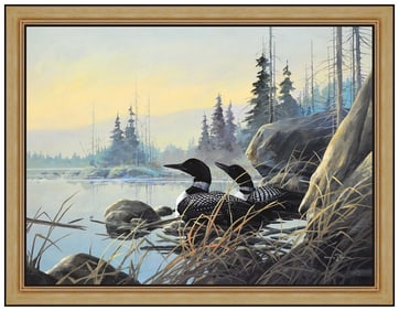 Gregory F Messier Signed Large Oil Loons Painting on Board Framed Art