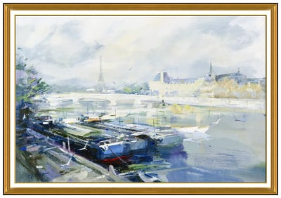 Charles C Gruppe Signed Large Oil Paris Cityscape Painting on Canvas French Art