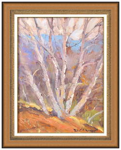 Robert C Gruppe Signed Oil Vermont Birch Tree Landscape Painting on Canvas: This lot includes:Gallery COA & free domestic shipping (*insurance and international shipping for an additional charge)Artist: Robert C Gruppe Title: Vermont BirchesMedium: Oil Painting on CanvasSize: