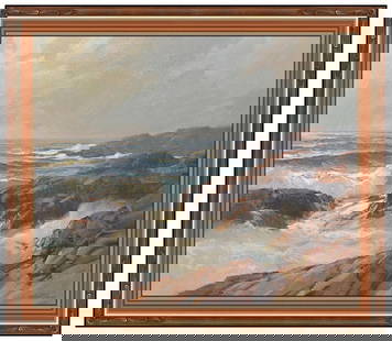 Michael B Karas Signed Oil Ocean Landscape Painting on Canvas Framed Art: This lot includes:Gallery COA & free domestic shipping (*insurance and international shipping for an additional charge)Artist: Michael B KarasTitle: Coastal CascadesMedium: Oil painting on canvasSize: