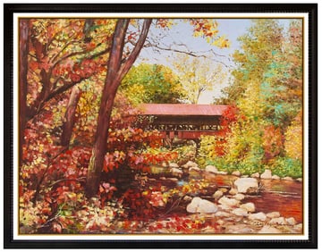 Charles Zhan Signed Large Oil Landscape Painting on Canvas Framed Art