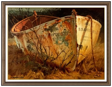 William Foster Reese Signed Oil Boats Painting on Canvas Framed Art