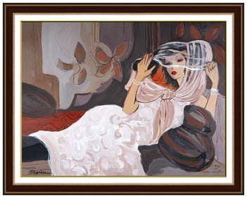 Isaac Maimon Signed Large Original Oil Female Painting on Canvas Framed Art