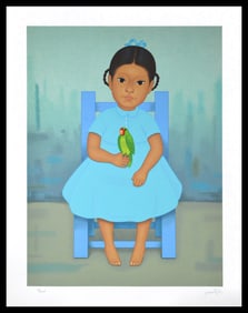 Gustavo Montoya Signed Niña Con Perico Large Silkscreen Mexican Children Art