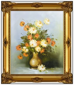 Robert Cox Signed Original Oil Flower Still Life Painting on Canvas Framed Art
