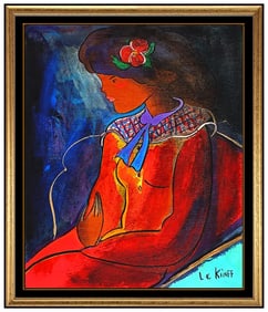 Linda Le Kinff Signed Original Oil Modern Cubism Portrait Painting on Board Art
