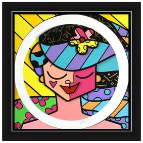 Romero Britto Signed Original Pink Face Mixed Media Female Portrait Art
