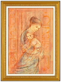 Edna Hibel Signed Original Mixed Media on Silk Mother Child Portrait Art