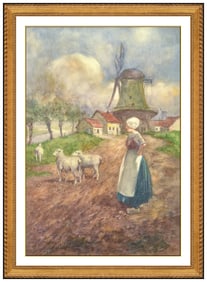 Julien Dupre Signed Original Gouache Rural Landscape Painting on Paper Art