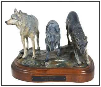 Bob Parks Signed Twilight Bronze Wolf Sculpture Wildlife Western Art