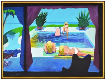 Dan Poole Signed Large Original Oil Female Pool Painting on Canvas Framed