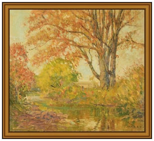 John Wells James Signed Original Oil Water Landscape Painting on Board Framed
