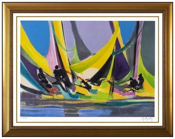 Marcel Mouly Signed Large Color Lithograph Harbor Marine Cubism Art