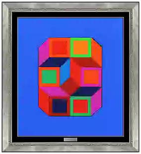 Victor Vasarely Signed Original Xiko Collage Modern Painting Framed Art: This lot includes:Gallery COA & free domestic shipping (*insurance and international shipping for an additional charge)Artist: Victor VasarelyTitle: Xiko 4EMedium: CollageSize: 7" x 6" Framed: 19" x 1