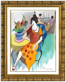 Itzchak Tarkay Signed Original Watercolor Female Cafe Portrait Painting Framed