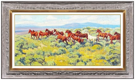 Jim C. Norton Signed Original Oil Western Horse Landscape Painting on Board