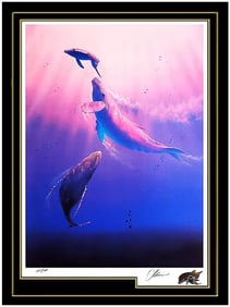 Christian Lassen Signed Large Original Color Lithograph Dolphins Sea Down Art