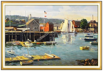 Stapleton Kearns Signed Large Original Oil Harbor Boat Painting on Canvas