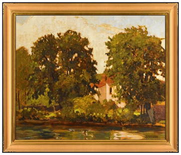 Barry Mccuan Signed Original Oil Water Landscape Painting on Canvas Framed: This lot includes:Gallery COA & free domestic shipping (*insurance and international shipping for an additional charge)Artist: Barry McCuanTitle: Along the Cam Medium: Oil Painting On Canvas Size: 20&