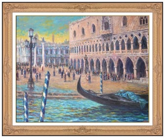 Surin Jung Signed Original Oil Canal Cityscape Painting on Canvas Framed